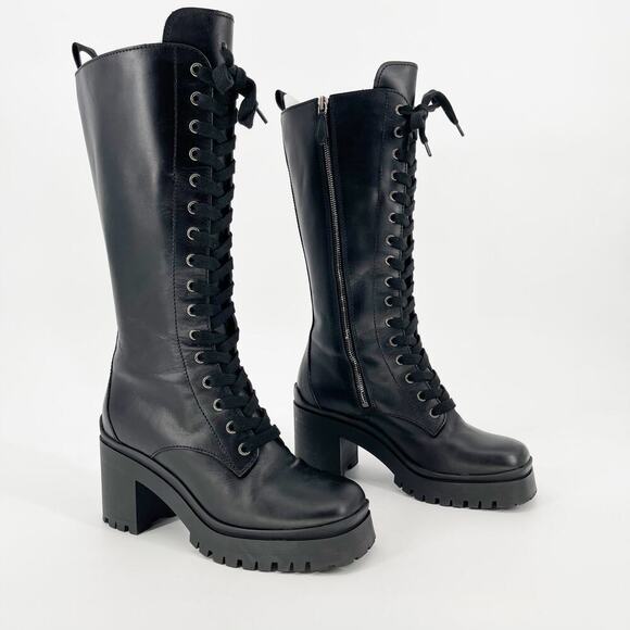 Miu Miu Black Military Combat Square Toe Chunky Block Heel Lug Sole Boot IT 37.5 - Picture 1 of 13